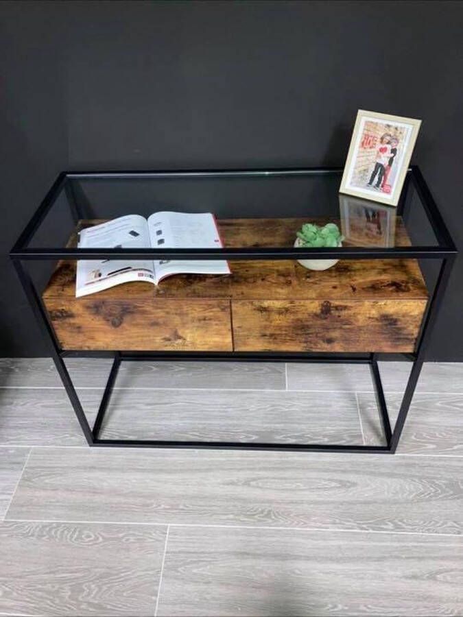 DesignMeubelsNL Industriële side table met glasplaat