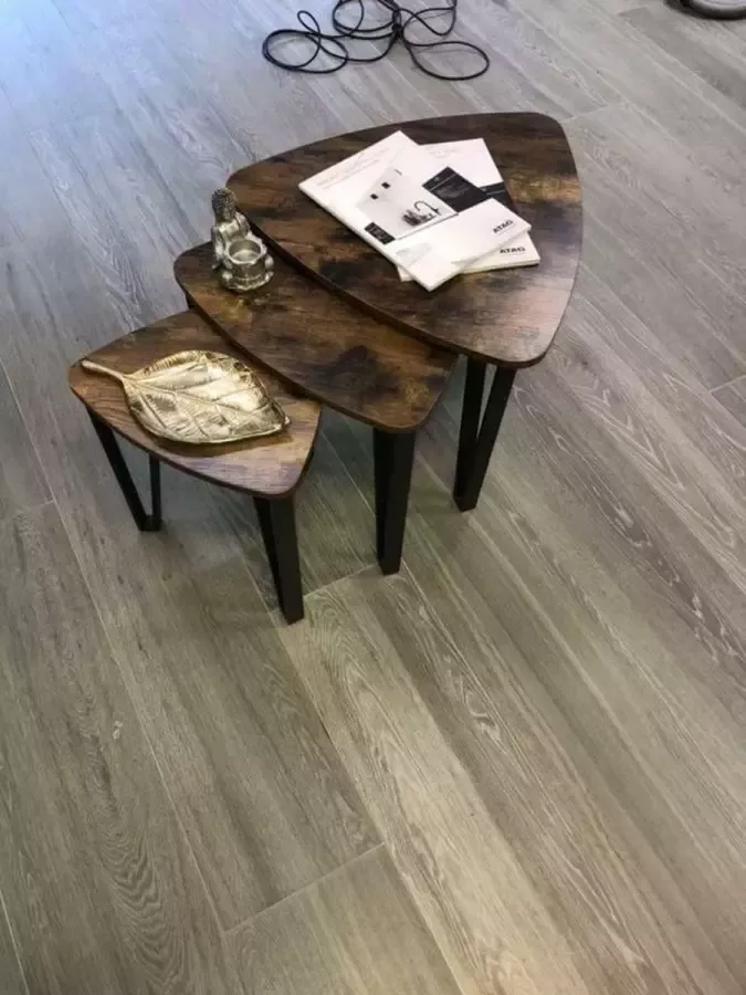 DesignMeubelsNL Bijzettafel Koffietafel Woonkamer Vintage Set van 3 tafeltjes Uitschuifbaar Hout en Metaal Vintage Bruin - Foto 2