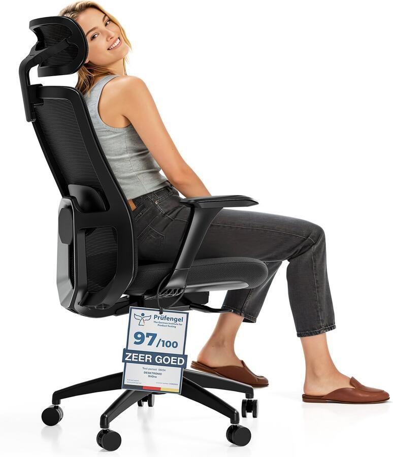 Desktronic SitOne Ergonomische Bureaustoel Bureaustoelen voor volwassenen Bureau stoel voor kantoor gaming 4D lendensteun systeem Armleuningen 4D Rugleuning 98° tot 135° heeft BIFMA en .IGR ergonomiecertificering Zwart