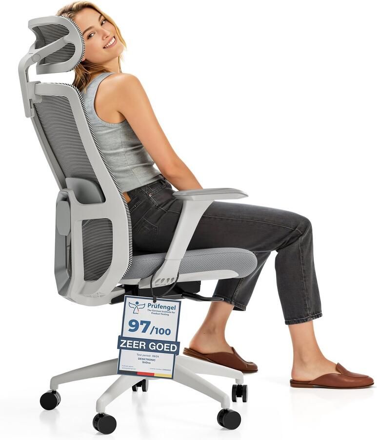 Desktronic SitOne Ergonomische Bureaustoel Bureaustoelen voor volwassenen Bureau stoel voor kantoor gaming 4D lendensteun systeem Armleuningen 4D Rugleuning 98° tot 135° heeft BIFMA en .IGR ergonomiecertificering Grijs