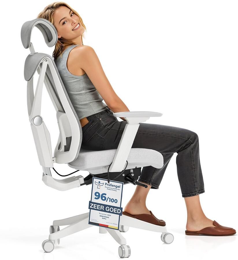 Desktronic SitPro Ergonomische Bureaustoel Bureaustoelen voor volwassenen Bureau stoel voor kantoor gaming 5D lendensteunsysteem Armleuningen 4D Rugleuning 90° tot 135° heeft BIFMA en .IGR ergonomiecertificering Grijs