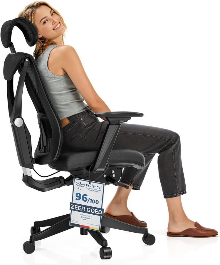 Desktronic SitPro Ergonomische Bureaustoel Bureaustoelen voor volwassenen Bureau stoel voor kantoor gaming 5D lendensteunsysteem Armleuningen 4D Rugleuning 90° tot 135° heeft BIFMA en .IGR ergonomiecertificering Zwart