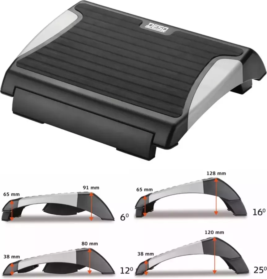 Desq Voetensteun 60072 4 Hoogte Standen 0 35° Rubberen antislipmat Makkelijk verstelbaar Zwart-Grijs