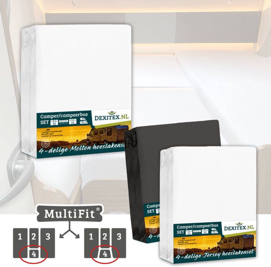Dexitex 1 x Molton 1 x Hoeslaken Antraciet + 1 x Hoeslaken Wit 4 delige set-Geschikt voor Camper lengtebedden of enkele bedden