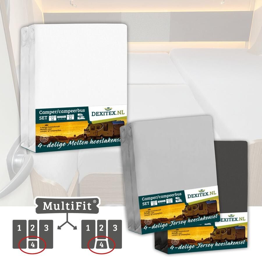 Dexitex 1 x Molton 1 x Hoeslaken Licht grijs + 1 x Hoeslaken Antraciet 4 delige set-Geschikt voor Camper lengtebedden of enkele bedden