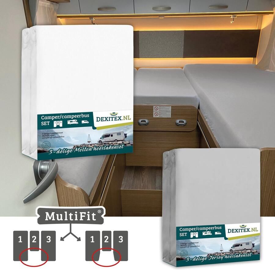 Dexitex 1 x molton 1 x hoeslaken LICHT GRIJS 3-delige sets Lengte bedden Enkele bedden Camper