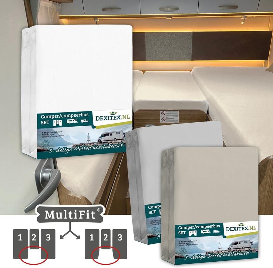 Dexitex 1 x molton 1 x hoeslaken LICHTGRIJS + 1 x hoeslaken ZANDKLEUR 3 delige set-Geschikt voor Camper lengtebedden of enkele bedden