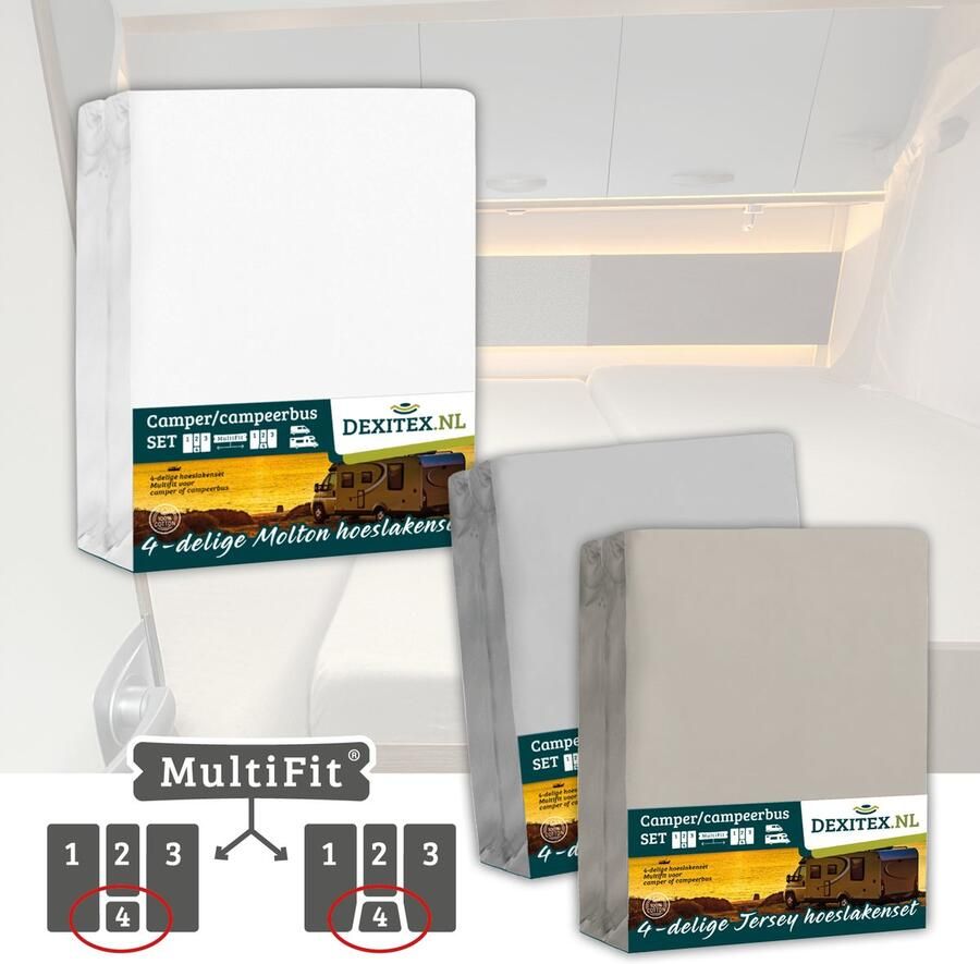 Dexitex 1 x Molton 1 x Hoeslaken Lichtgrijs + 1 x Hoeslaken Zandkleur 4 delige set-Geschikt voor Camper lengtebedden of enkele bedden
