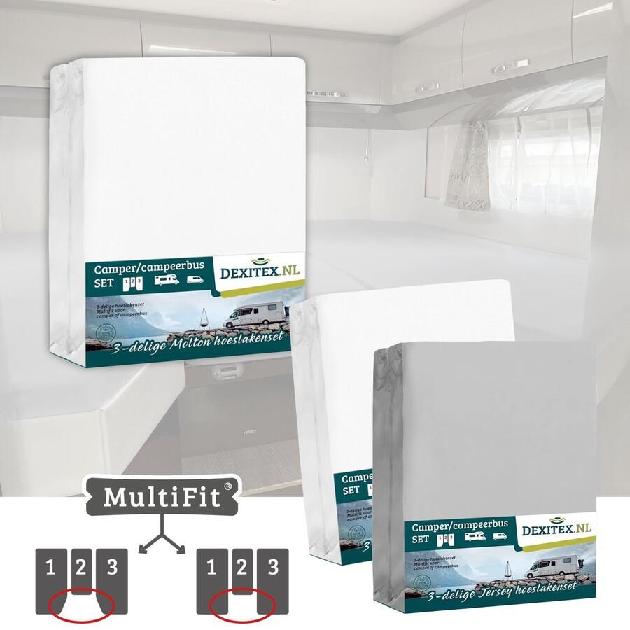 Dexitex 1 x molton 1 x hoeslaken WIT + 1 x hoeslaken LICHT GRIJS 3 delige set-Geschikt voor Camper lengtebedden of enkele bedden