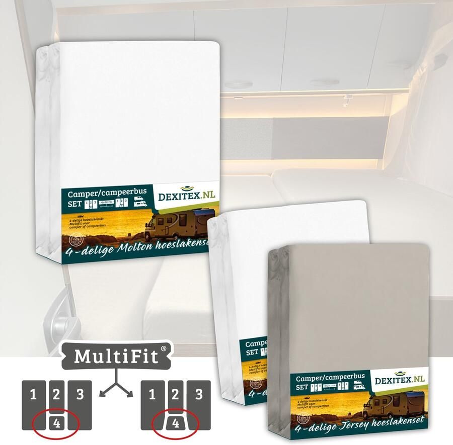 Dexitex 1 x Molton 1 x Hoeslaken Wit + 1 x Zandkleur Hoeslaken 4 delige set-Geschikt voor Camper lengtebedden of enkele bedden