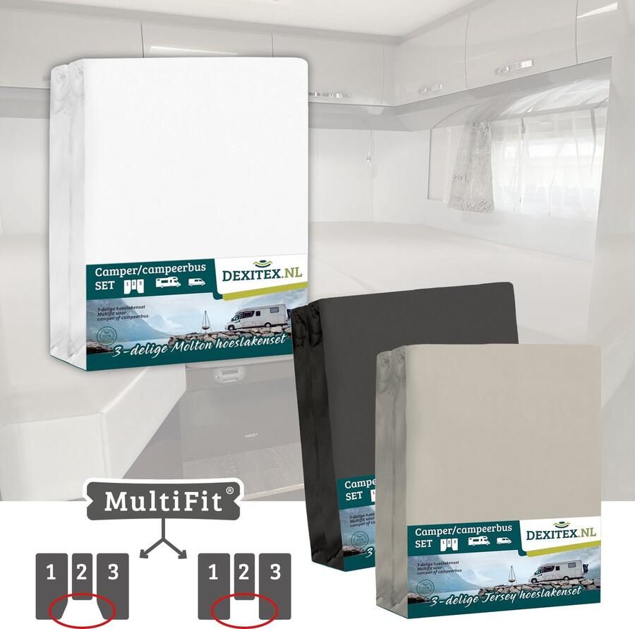 Dexitex 1 x molton 1 x hoeslaken ZANDKLEUR+ 1 x hoeslaken ANTRACIET 3 delige set-Geschikt voor Camper lengtebedden of enkele bedden