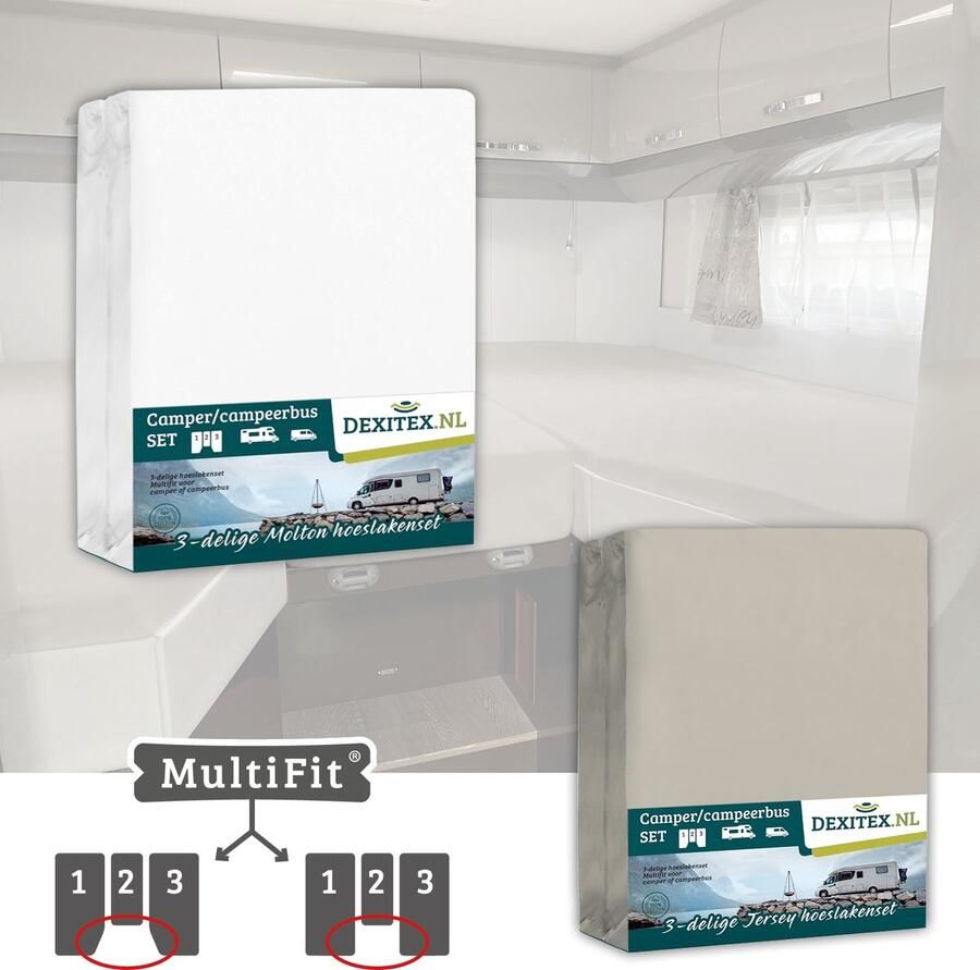 Dexitex 1 x molton 1 x hoeslaken ZANDKLEUR 3-delige sets Lengte bedden Enkele bedden Camper