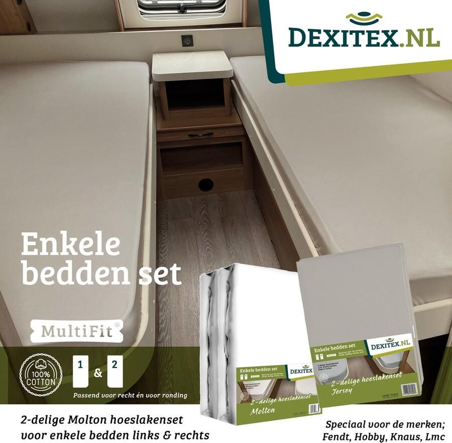 Dexitex 1 x Molton + 1 x Hoeslakenset Zandkleur enkele bedden 2 delig geschikt voor Caravan Fendt-Hobby-Knaus-LMC-Tabbert-Weinsberg-Dethleffs-Bürnster