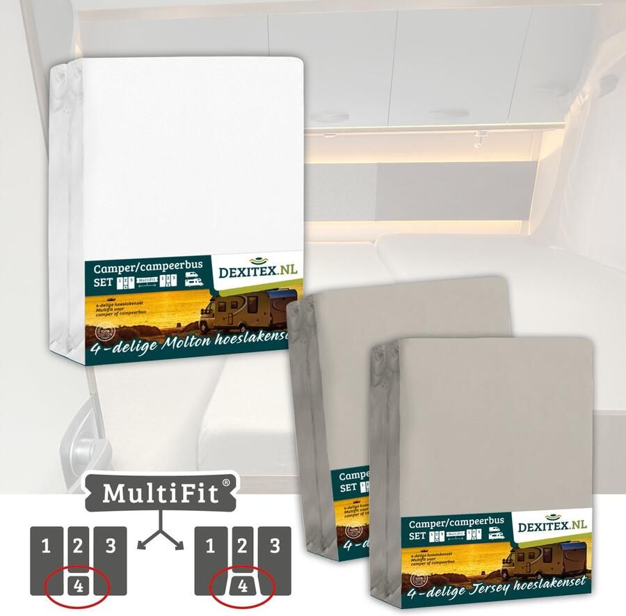 Dexitex 1 x Molton 2 x Hoeslaken Zandkleur 4 delige set-Geschikt voor Camper lengtebedden of enkele bedden