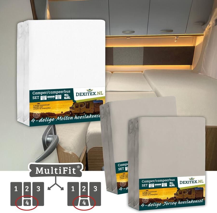 Dexitex 1 x Molton 2 x Hoeslaken Zandkleur 4 delige set-Geschikt voor Camper lengtebedden of enkele bedden