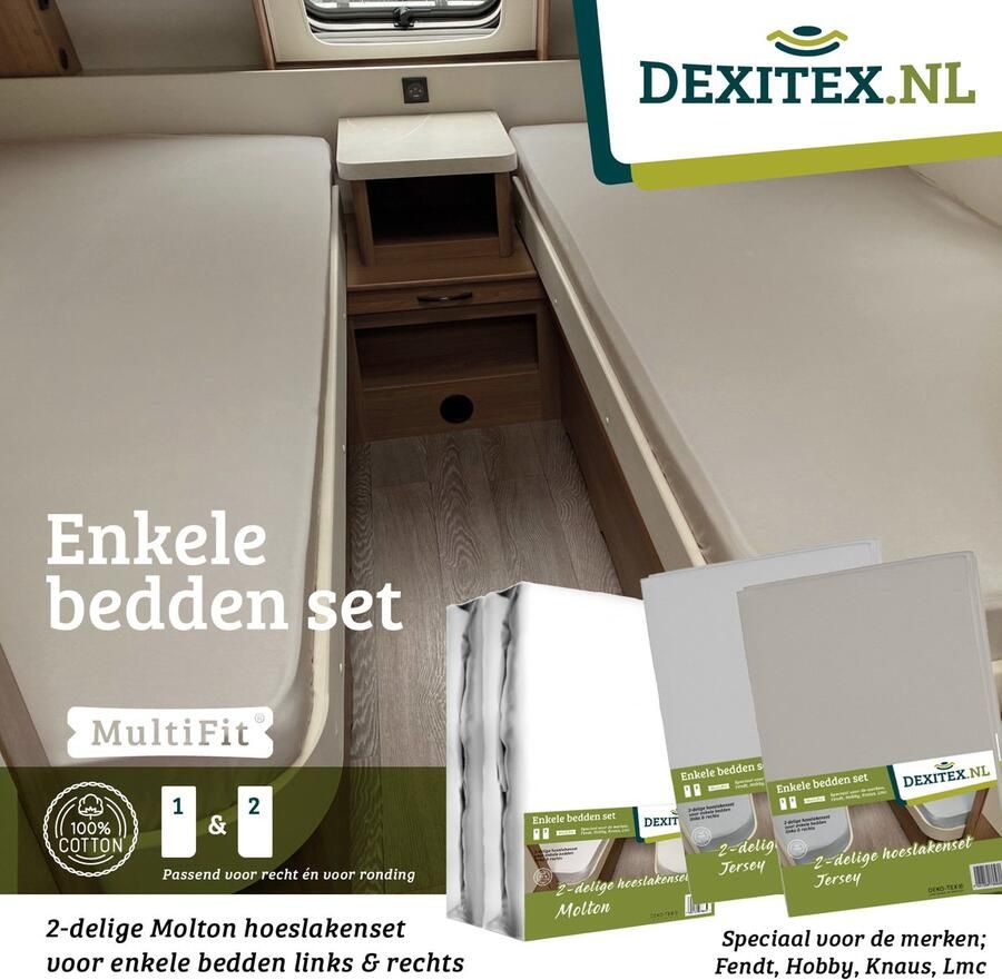 Dexitex 1 x Molton + 2 x Hoeslakenset ( Wit + Zandkleur ) enkele bedden 2 delig geschikt voor Caravan Fendt-Hobby-Knaus-LMC-Tabbert-Weinsberg-Dethleffs-Bürnster