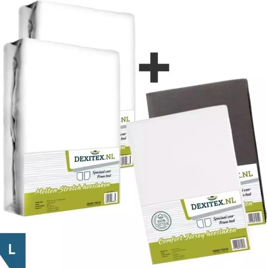 dexitex Textielpakket Frans bed 2 x Molton WIT 1 x hoeslaken WIT 1x hoeslaken ANTRACIET- LINKS