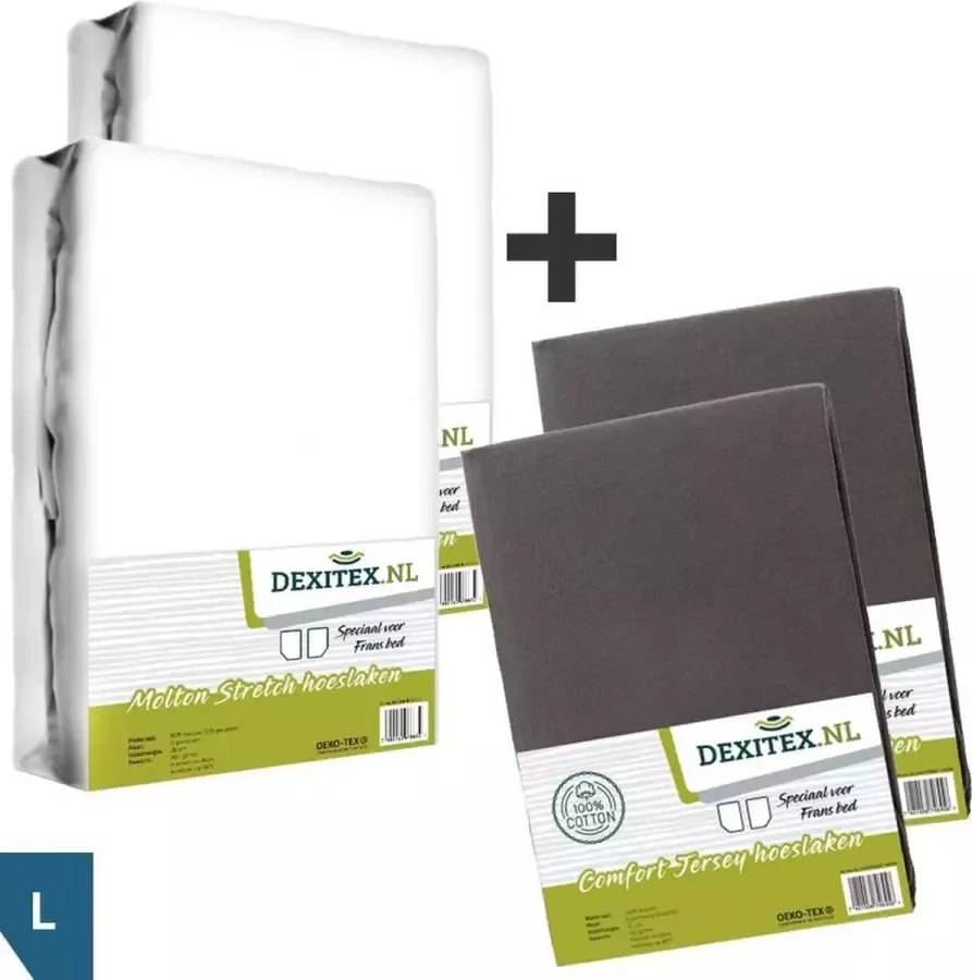 Dexitex Textielpakket Frans bed 2 x Molton WIT 2 x hoeslaken ANTRACIET- LINKS - Foto 2