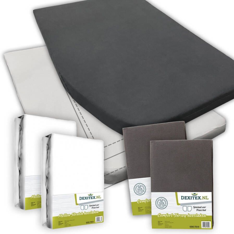 Dexitex Textielpakket Frans bed 2 x Molton WIT 2 x hoeslaken ANTRACIET- LINKS