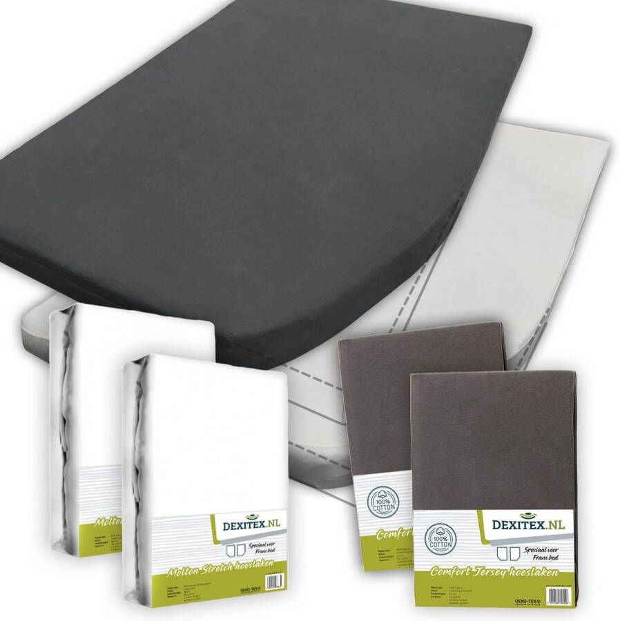 Dexitex Textielpakket Frans bed 2 x WIT Molton 2 x ANTRACIET Hoeslakens RECHTS geschikt voor Caravan en Camper