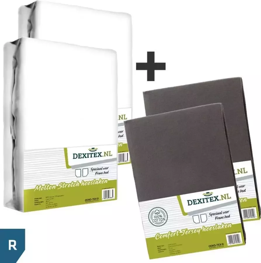dexitex Textielpakket Frans bed 2 x WIT Molton 2 x ANTRACIET Hoeslakens RECHTS geschikt voor Caravan en Camper