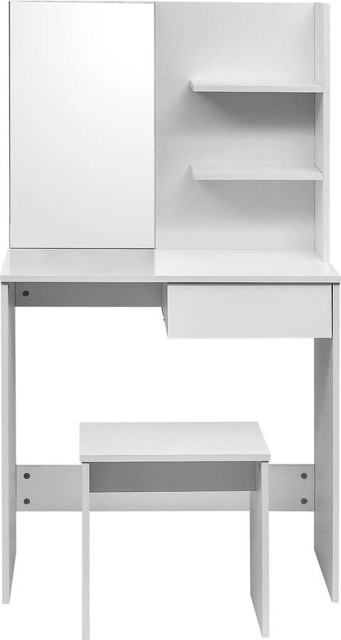 Deze informatie volgt Amalee Kaptafel Wit Met spiegel Met laden Inclusief kruk Met 2 plankjes 75 x 40 x 138cm (B x D x H) Make up tafel Voor tienerkamer