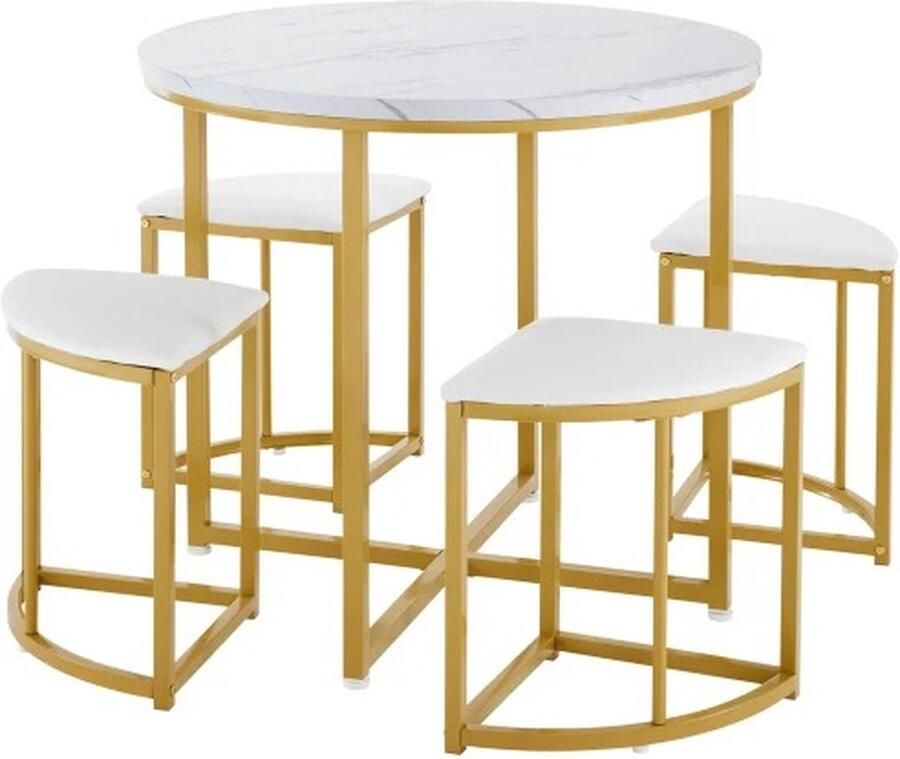 Deze informatie volgt. Amalee Ronde eettafel Met 4 krukjes 80 cm diameter Marmerlook Goud met wit Stoelen makkelijk op te bergen Voor kleine ruimtes