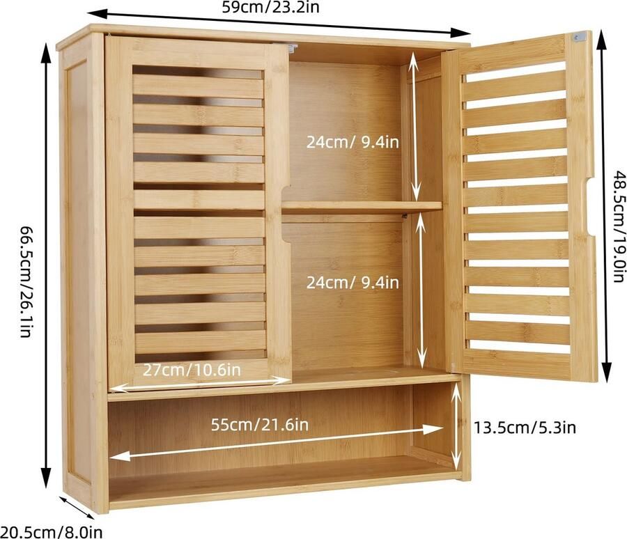 Deze informatie volgt later. Amalee Badkamer wandkast Opbergplank bamboe medicijnkastje met 2 deuren verstelbare plank Natuurlijk hout