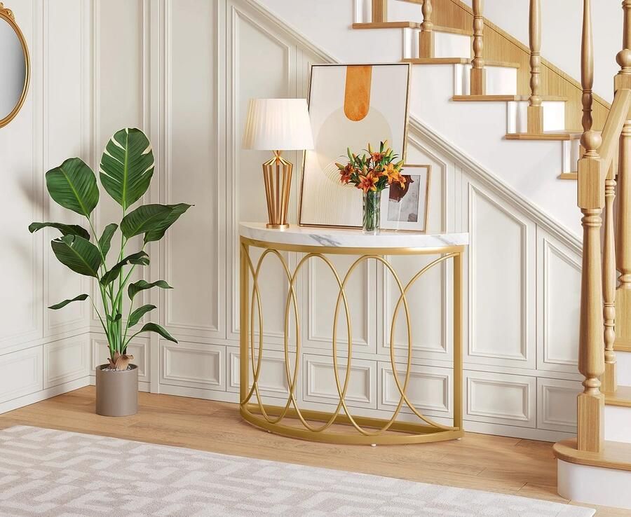 Deze informatie volgt later Amalee Bijzet tafel half rond Wit marmerlook Gouden onderstel Gang woonkamer slaapkamer MDF