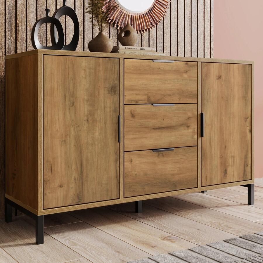 Deze informatie volgt later. Amalee Dressoir Hout Met zwarte accenten 120 x 40 x 76 cm Voor de woonkamer of slaapkamer Met 3 lades en 2 deuren