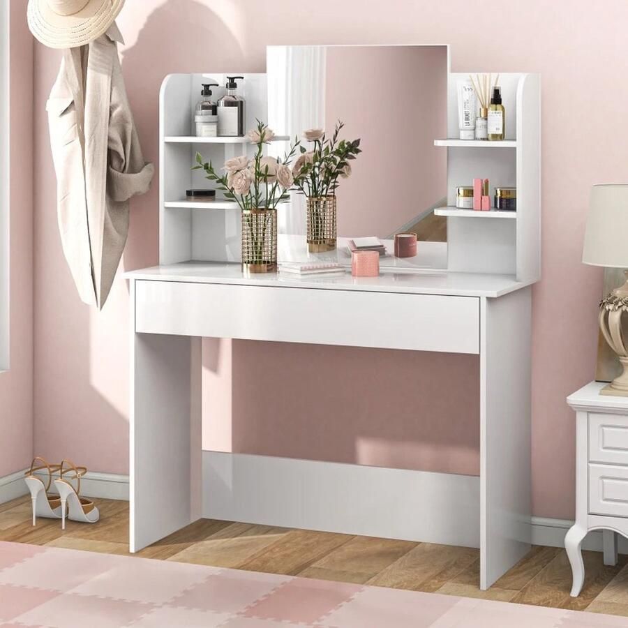 Deze informatie volgt later. Amalee Kaptafel Wit Met lade planken aan beide zijdes Met spiegel Woonkamer Meisjeskamer 141 cm hoog