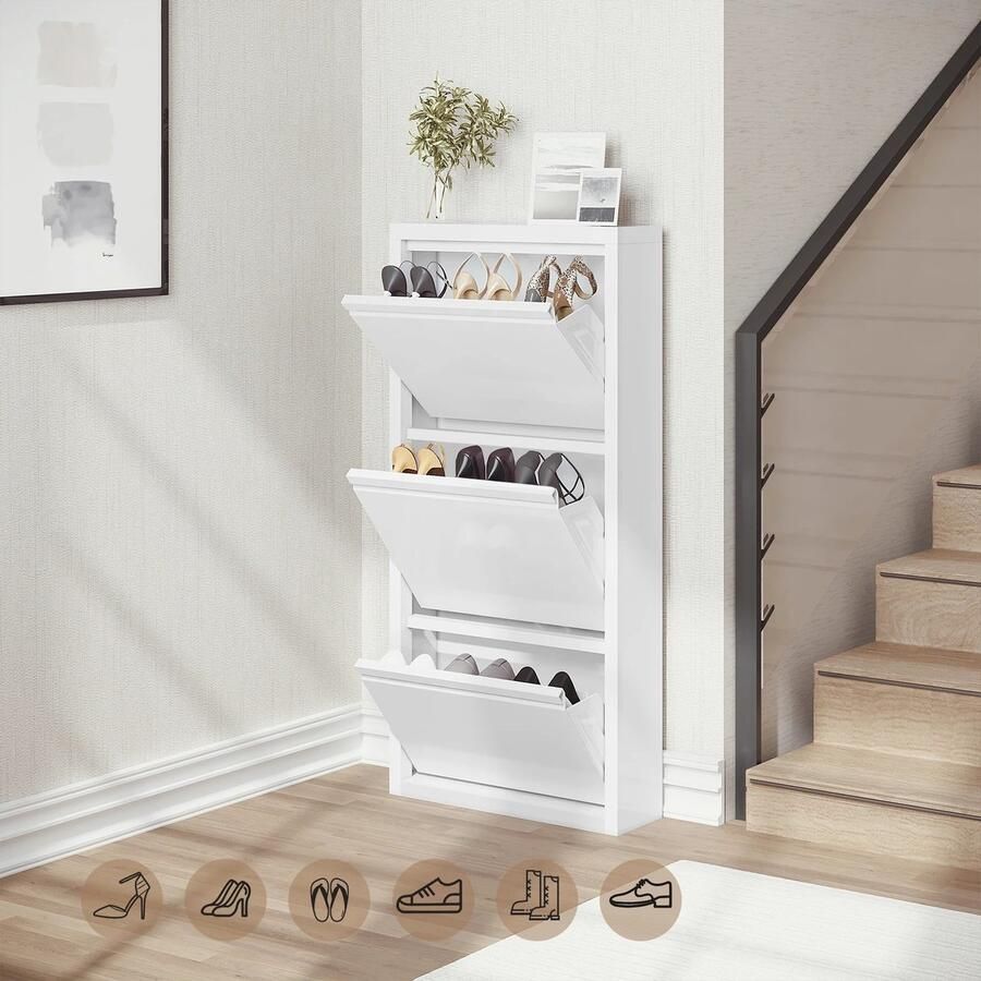 Deze informatie volgt later. Amalee Schoenenkast Wit Ophang baar 3 lagen 50X106X15 cm Smal ontwerp Gesloten schoenenkast Hoogwaardig metaal