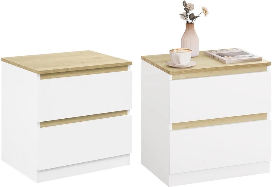 Deze informatie volgt later. Amalee Set van 2 nachtkasten 40X30X41 CM Ruimtebesparend Bijzettafel Voor Slaapkamer Wit met houten accenten