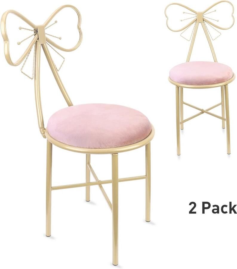 Deze informatie volgt later Amalee Set van 2 stoelen Roze met Goud Strik vorm Meisjes kamer Speelgoedkamer Make up Stoel Smeedijzer