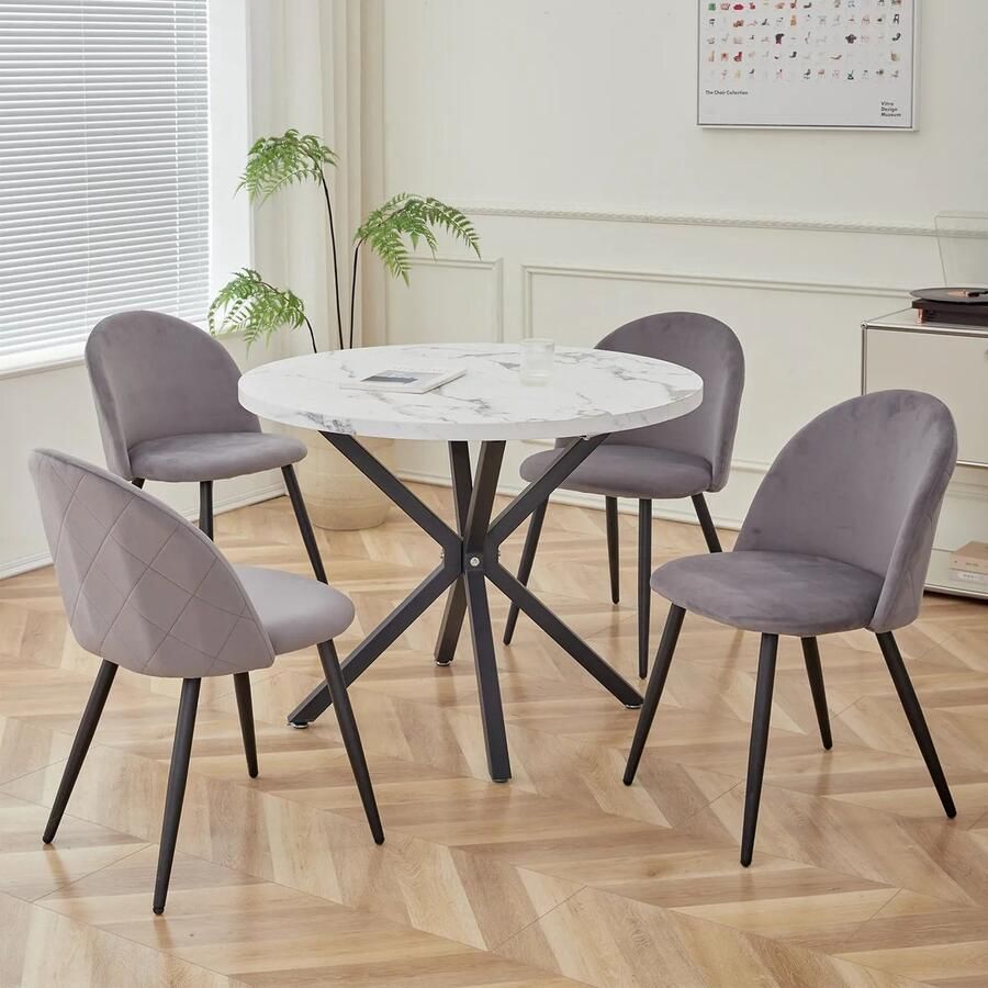 Deze informatie volgt later Amalee Set van 4 stoelen Eetstoelen Fluweel Grijs Eetkamer stoelen Eettafel stoelen Zwarte metalen poten Met rugleuning Vintage Nordic