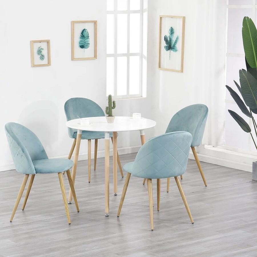 Deze informatie volgt later Amalee Set van 4 stoelen Eetstoelen Fluweel Licht blauw Eetkamer stoelen Eettafel stoelen Houtlook metalen poten Met rugleuning Vintage Nordic