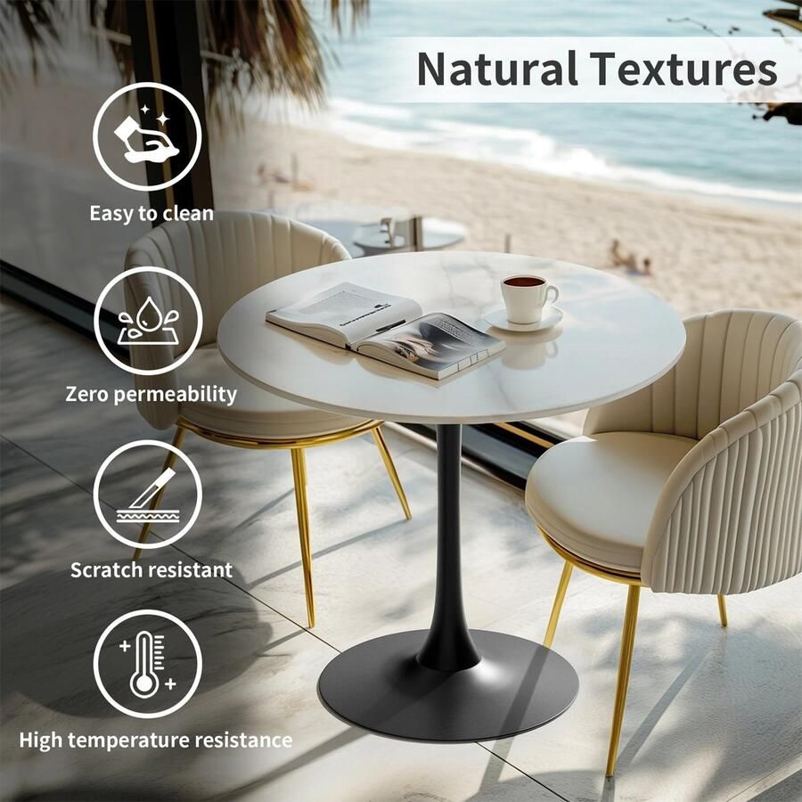 Deze informatie volgt later. Amalee Tafel 76 cm diameter eettafel Zwarte ronde poot Wit marmeren tafelblad Ideaal voor kleine woningen of voor in de keuken Sintered Stone