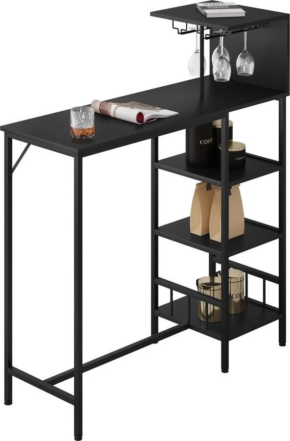 DHN Bartafel Industriële console Bistrotafel met 2 glazen houders 4 Planken Slanke toonbanktafel Bijzettafel Bar tafel Zwart