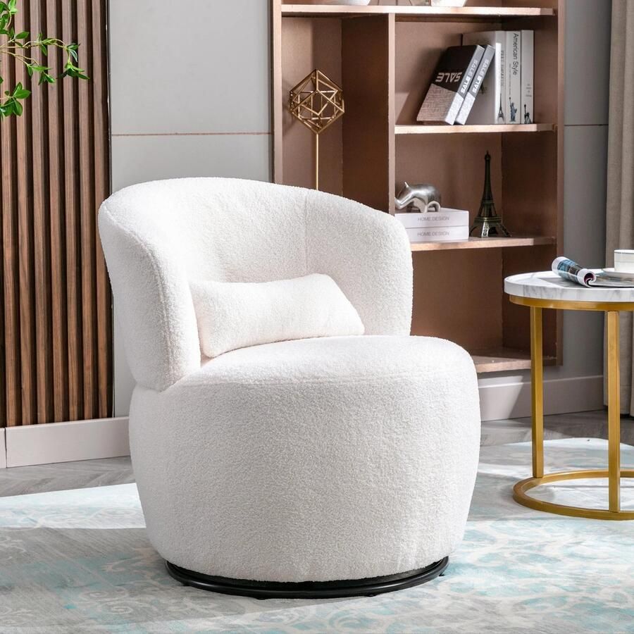 DHN Draaistoel Witte Teddy Pluche Draaistoel Lounge stoel Woonkamer stoel Comfortable stoel Geschikt voor woonkamer en slaapkamer Witte Fauteuil