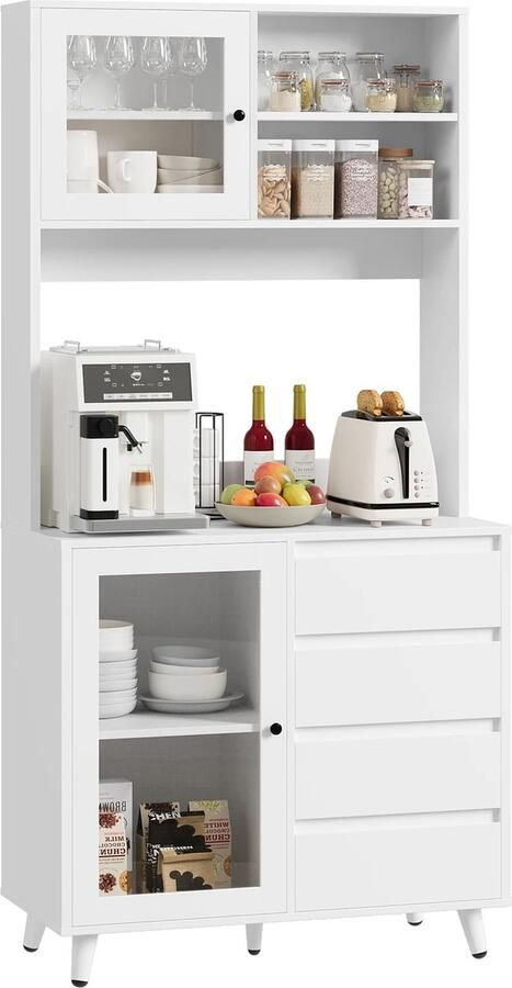 DHN Hoge keukenkast Keuken Organizer 180Cm Hoge Opbergkast Keukenkast Glazen Deuren Wit