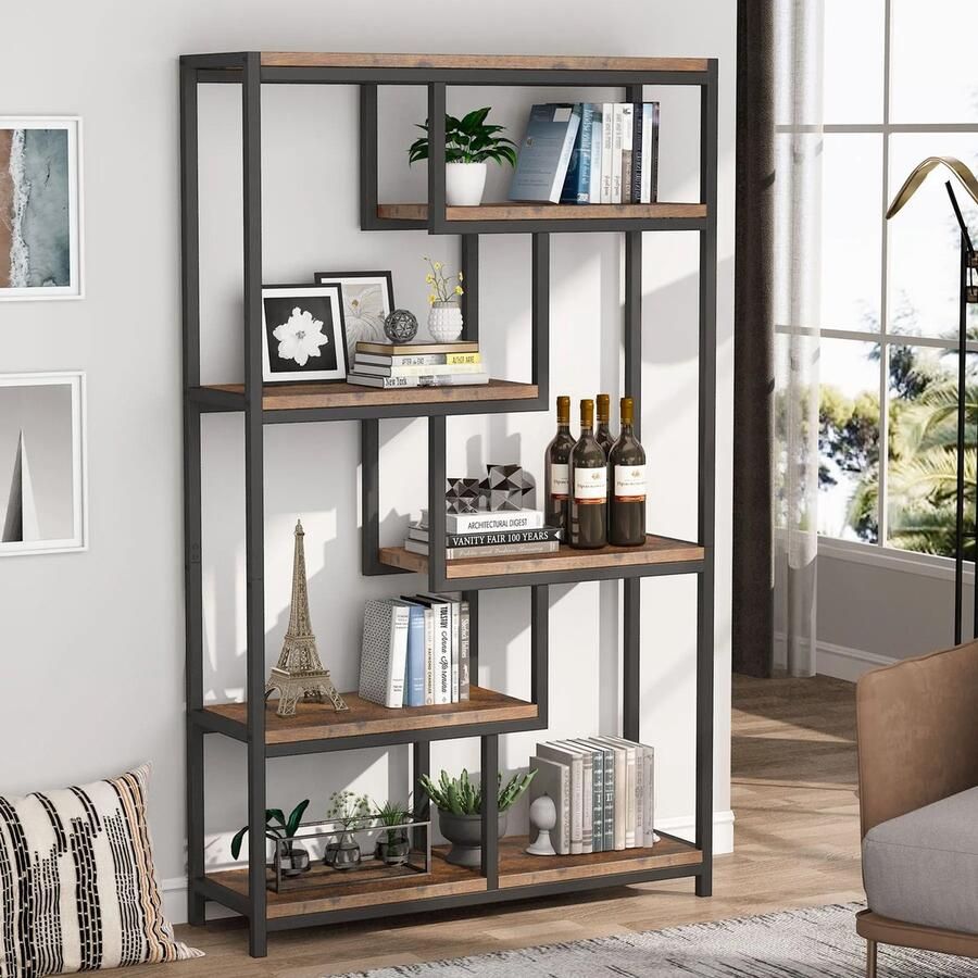 DHN Industriële Boekenkast Woonkamer kast 5 Tier Vrijstaande Planken Boekenkast Decorkast Voor Woonkamer en huiskantoor