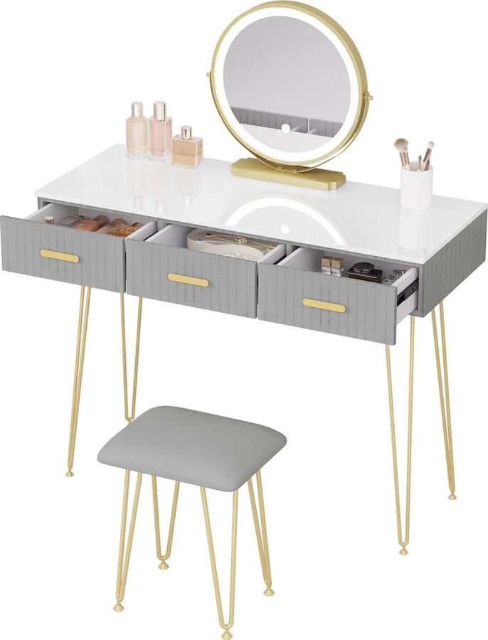 DHN Kaptafel set Met Led Verlichting Moderne Make up tafel Chique Kaptafel met verlichting Grijs met Goud Kaptafel Make up tafel met stoel