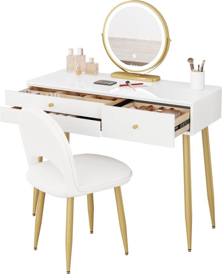 DHN Kaptafelset met verlichting Make-up tafel Verstelbare Led Spiegel Kaptafel met stoel en Spiegel Wit