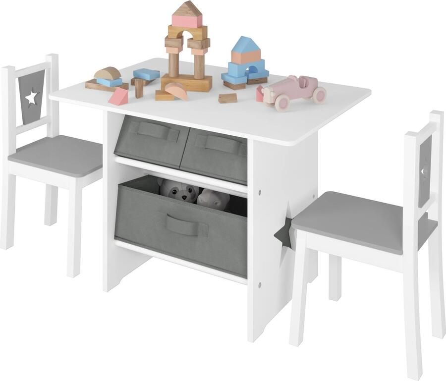 DHN Kindertafel set met stoelen Tafel Met Opslagruimte Kindertafel met 2 stoeltjes Opbergruimte Peuterstafel Activiteiten tafel Wit met Grijs