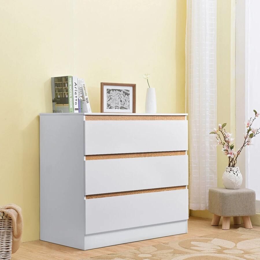 DHN Ladekast 80x78x48cm Ladekast met 3 Laden Dressoir Opbergkast Nachtkastje voor Slaapkamer Studeerkamer Woonkamer Hal Wit