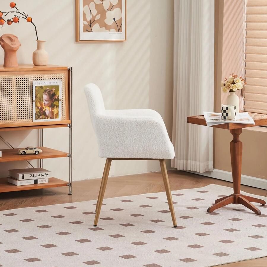 DHN Make-up stoel Kaptafel stoel Fauteuil Teddy Fluwelen Stof Massief Houten Make-Up Stoel Voor slaapkamer en Woonkamer Wit