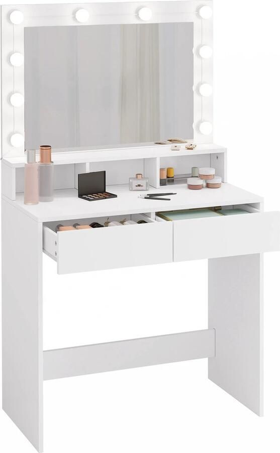 DHN Make-up tafel Met verlichting Kaptafel Met Verstelbare Led Verlichting Spiegel 2 Laden Commode met Verlichting Wit