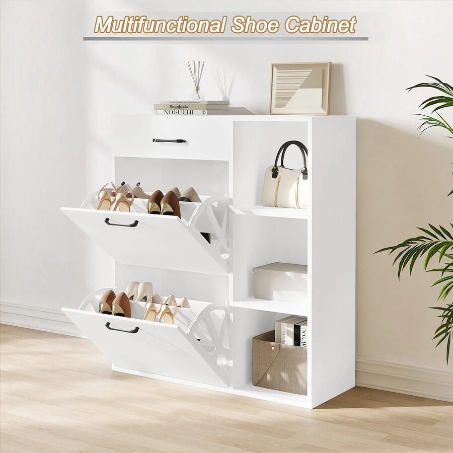 DHN Schoenkast 3-Tier Smal Hoog Schoenenrek Witte Schoenenkast Met Lade 80X90X30Cm Flip-Open Compartimenten Organizer Huishouden