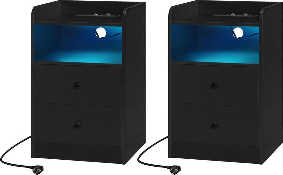 DHN Set van 2 nachtkastjes met USB Nachtkastjes met Laadstation LED Verlichting Bijzettafels met USB en Led verlichting Zwart