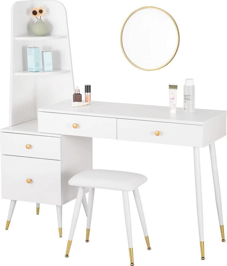 Witte make-up tafel Set Make-up tafel met spiegel Kaptafel met spiegel Kast Kruk Wit met Goud